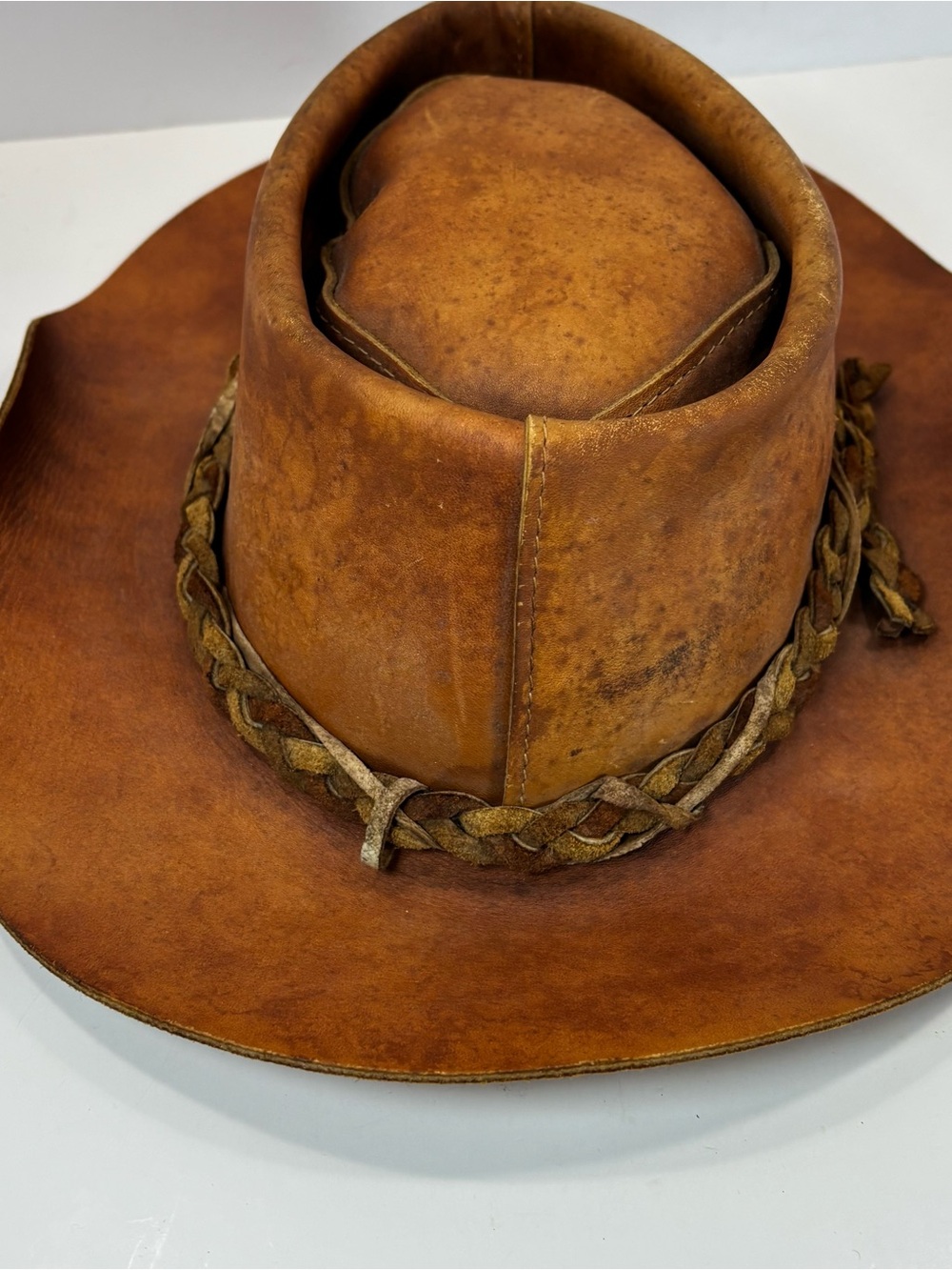 Vtg Henschel Skully’s Suede Leather Brown Outback Western Hat Men's Med Feather - Picture 7 of 9